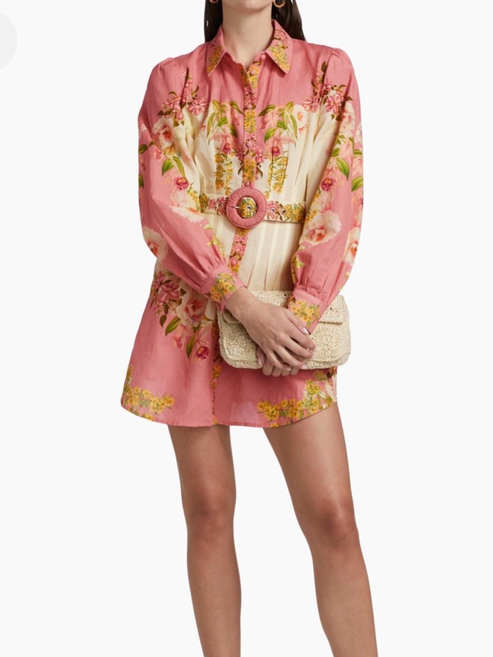 HEMANT & NANDITA Pink Floral Belted Shirt Dress